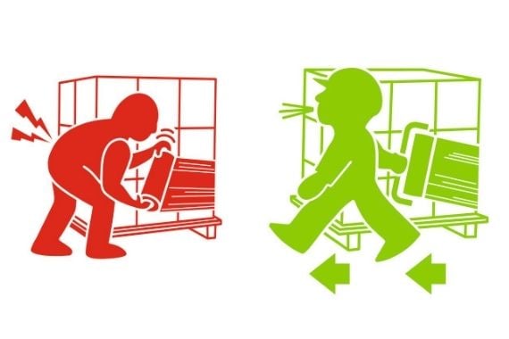 Cartoon of red figure wrapping cage incorrectly with both hands and green figure wrapping cage correctly